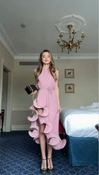 Sexy Knot Waist Lace Trim Midi Dress Sleeveless High Collar