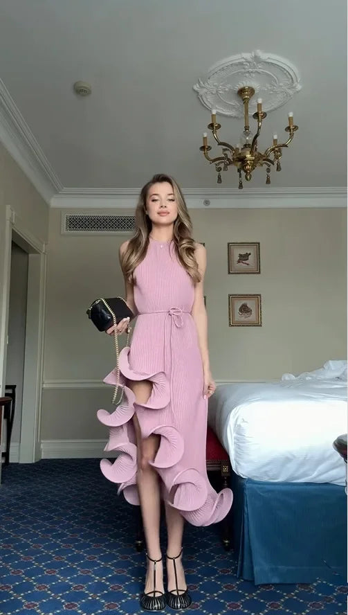 Sexy Knot Waist Lace Trim Midi Dress Sleeveless High Collar
