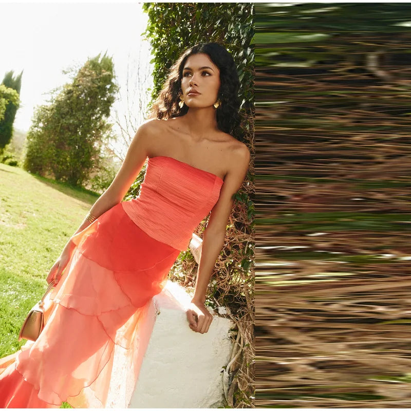 Gradient Flowy Chiffon Three Piece Set With Tube Top Tiered Skirt And Sheer Scarf