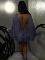 Backless Lace Up Mini Dress With Batwing Sleeves Round Neck Pleated