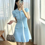 Polo Neck Knit Dress With Elastic Slim Fit And Multi Pocket Wrapped Hip Skirt