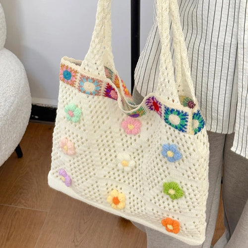 Boho Knitting Shoulder Bag With Floral Crochet