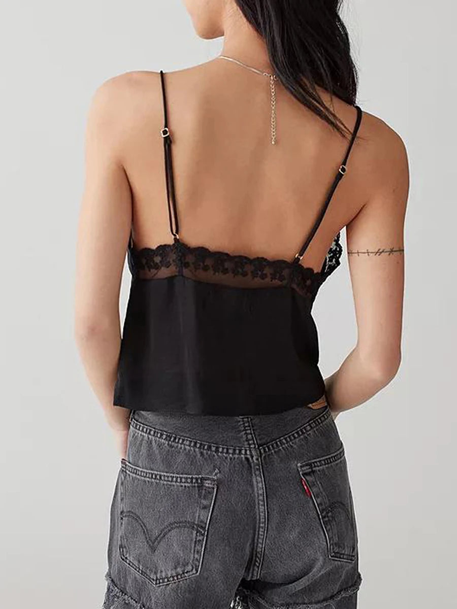 Dreamy V Neck Lace Trim Spaghetti Tank Top With Backless
