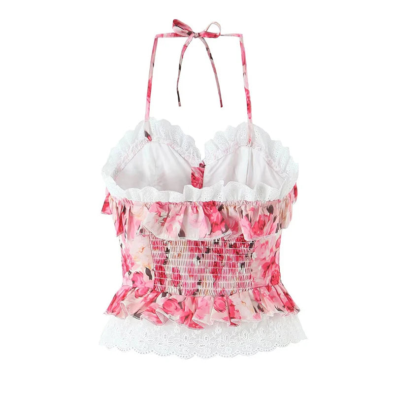 Boho Floral Print 2 Pieces Skirts Set Holiday Summer Women Sexy Backless Halter Top + Mini Skirt