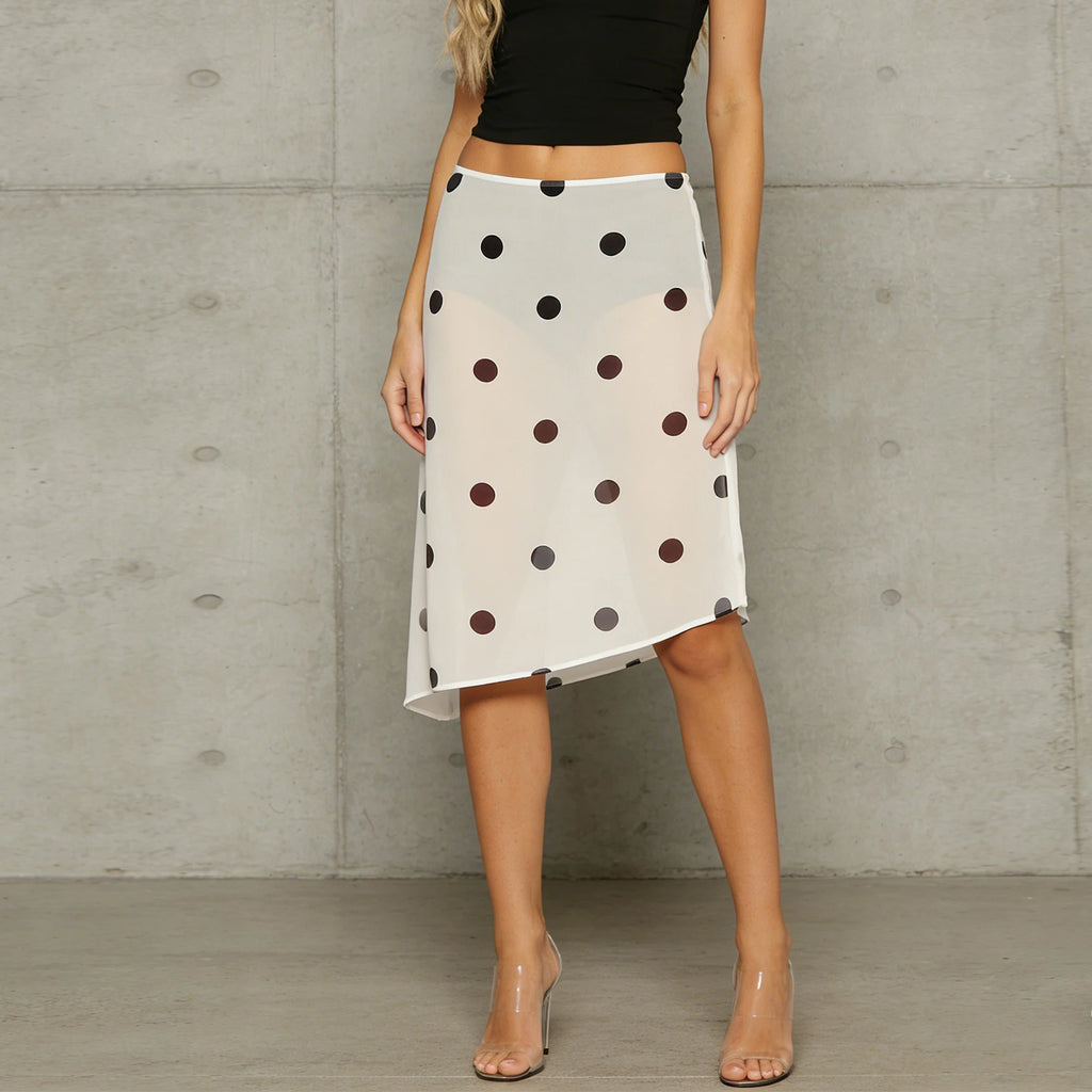 Retro Sheer Chiffon Dot Print Midi Skirt With Asymmetrical Hem