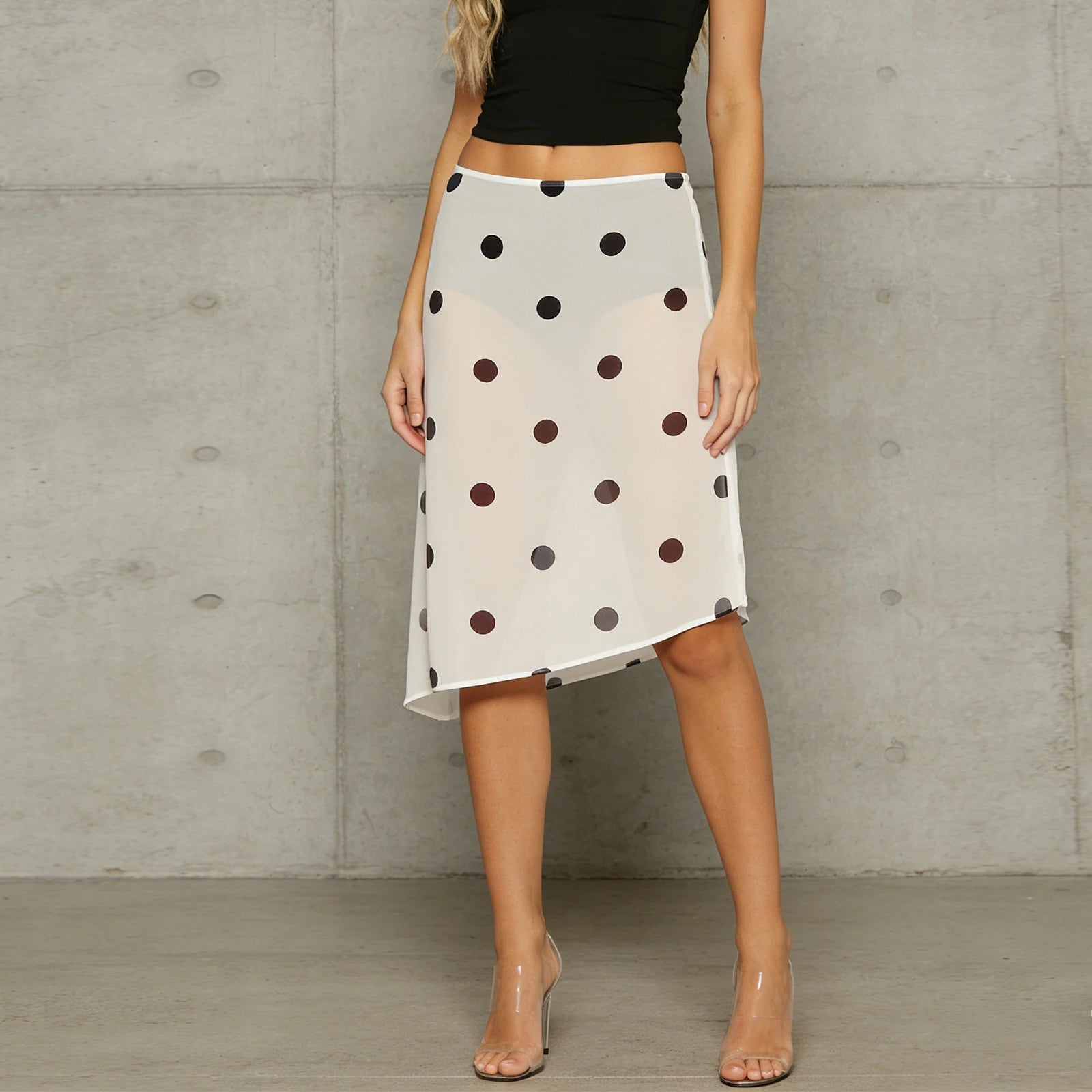 Retro Sheer Chiffon Dot Print Midi Skirt With Asymmetrical Hem