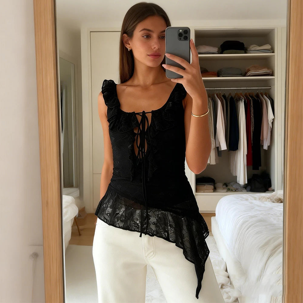 Sexy Lace Up Ruffles Hollow Vest See Through Top With Asymmetrical Hem