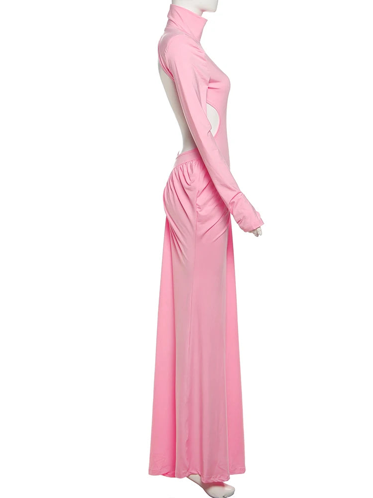 Peach Backless Maxi Dress With Waistless Silhouette And Ruched Elegance