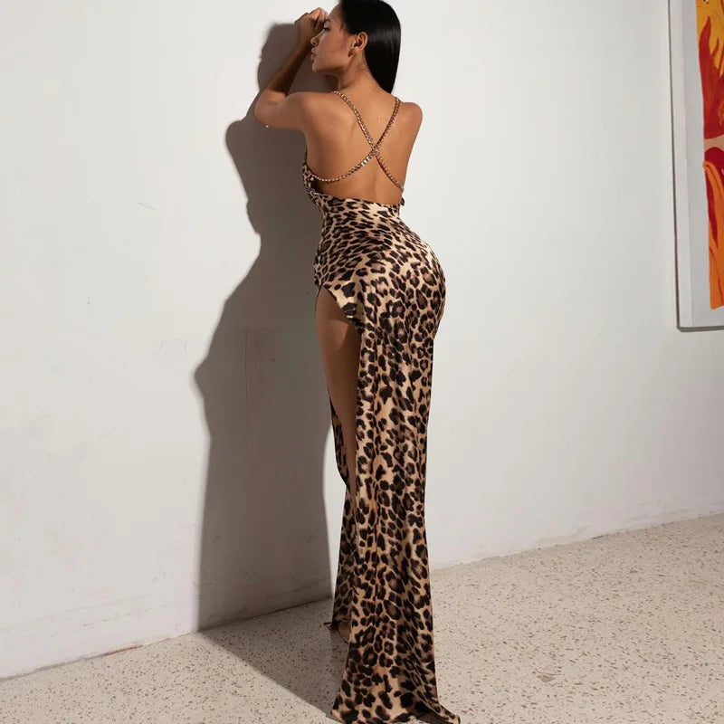 Leopard Print Sleeveless Backless Slit Dress With High Waist Camisole Straps