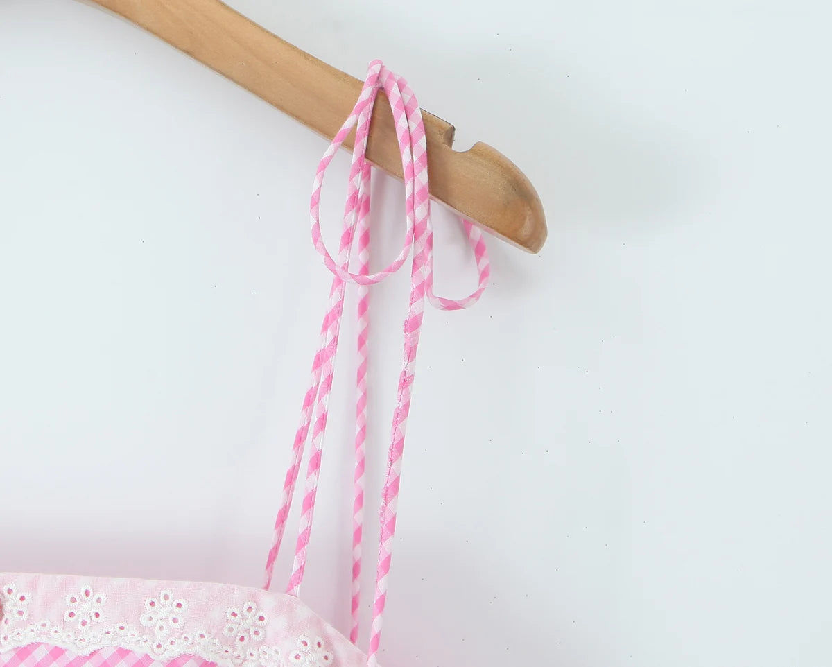 Pink Plaid Bow Sling With Lacing Up Detail For Women Slim Waist Ruched Skater Mini Dress