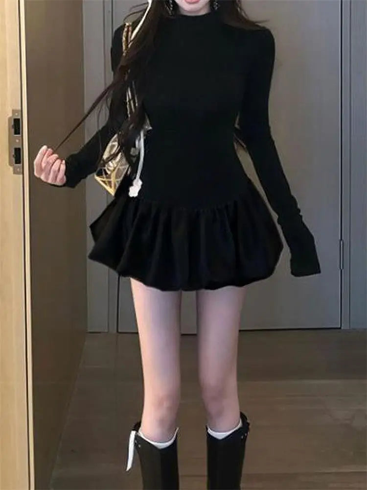 Black Long Sleeve Dress With High Collar And Puffy Silhouette