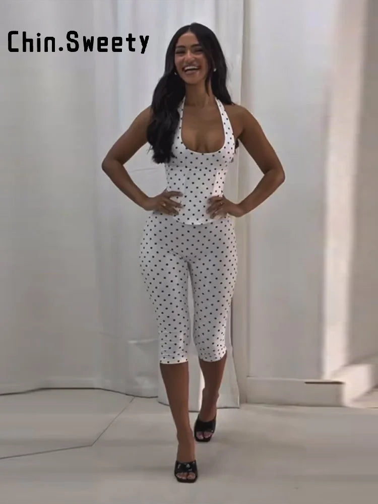 White With Black Dots Halter Top And Vest Capri Pants Set Two Piece