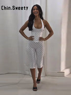 White With Black Dots Halter Top And Vest Capri Pants Set Two Piece