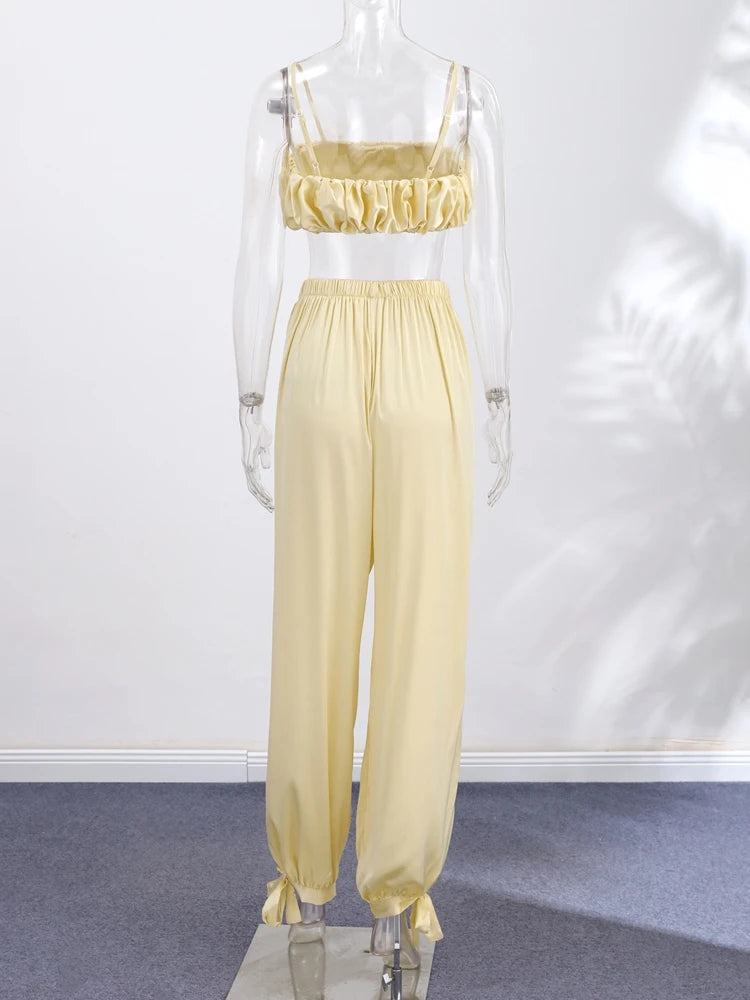 Women's Trousers 2 Pcs Suits Pleated Spaghetti Strap Cropped Tube Tops Elastic Waist Lace Up Pants