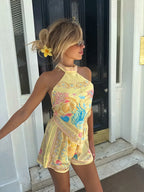Printed Sleeveless Halter Top And Short Two-piece Set