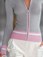 Vintage Inspired Contrast Lapel Wool Cardigan With Slim Fit Zipper Front