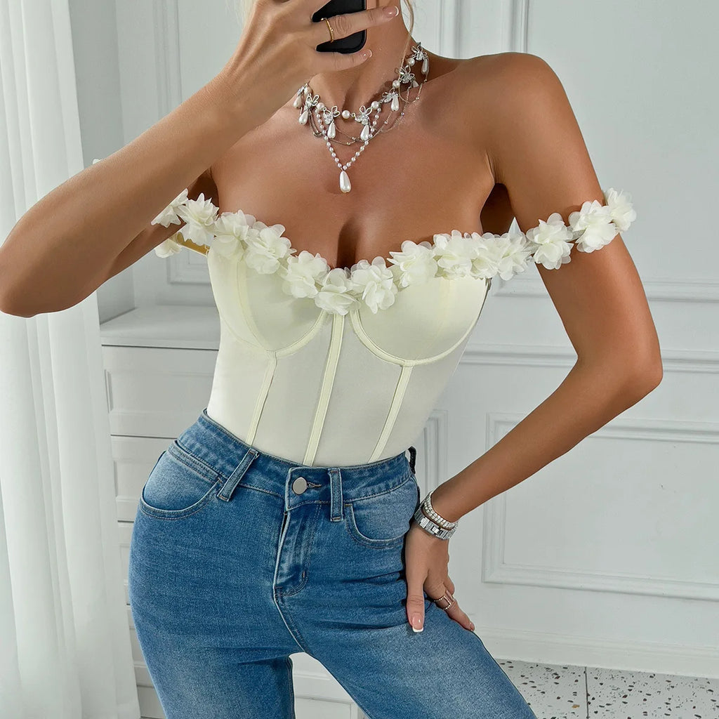 Bold Yellow Lace Bodysuit With 3D Flowers Off Shoulder Ruffles And Sheer Corset Detail