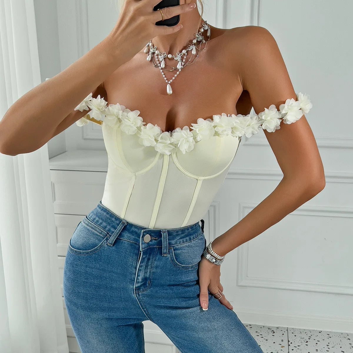 Bold Yellow Lace Bodysuit With 3D Flowers Off Shoulder Ruffles And Sheer Corset Detail