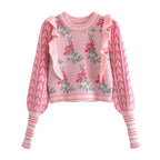 Front Wood Ears Ruffles Jacquard Cropped Sweater Vintage O neck Puff Sleeve Pullovers Short Jumper Knitwear