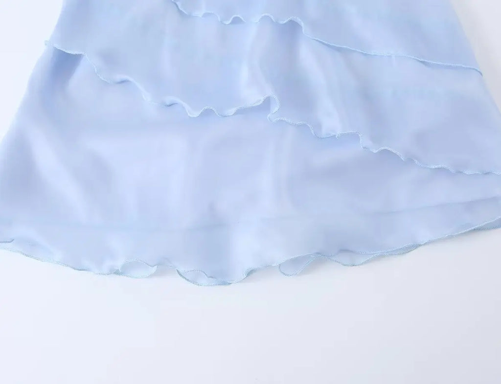 Dreamy Light Blue Halter Backless Mini Dress With Tiered Ruffle Accents