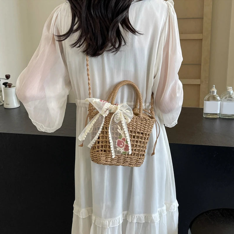 Lace Bow Straw Weave Crossbody Bag Summer Beach Style Small Bucket Elegant And Lightweight