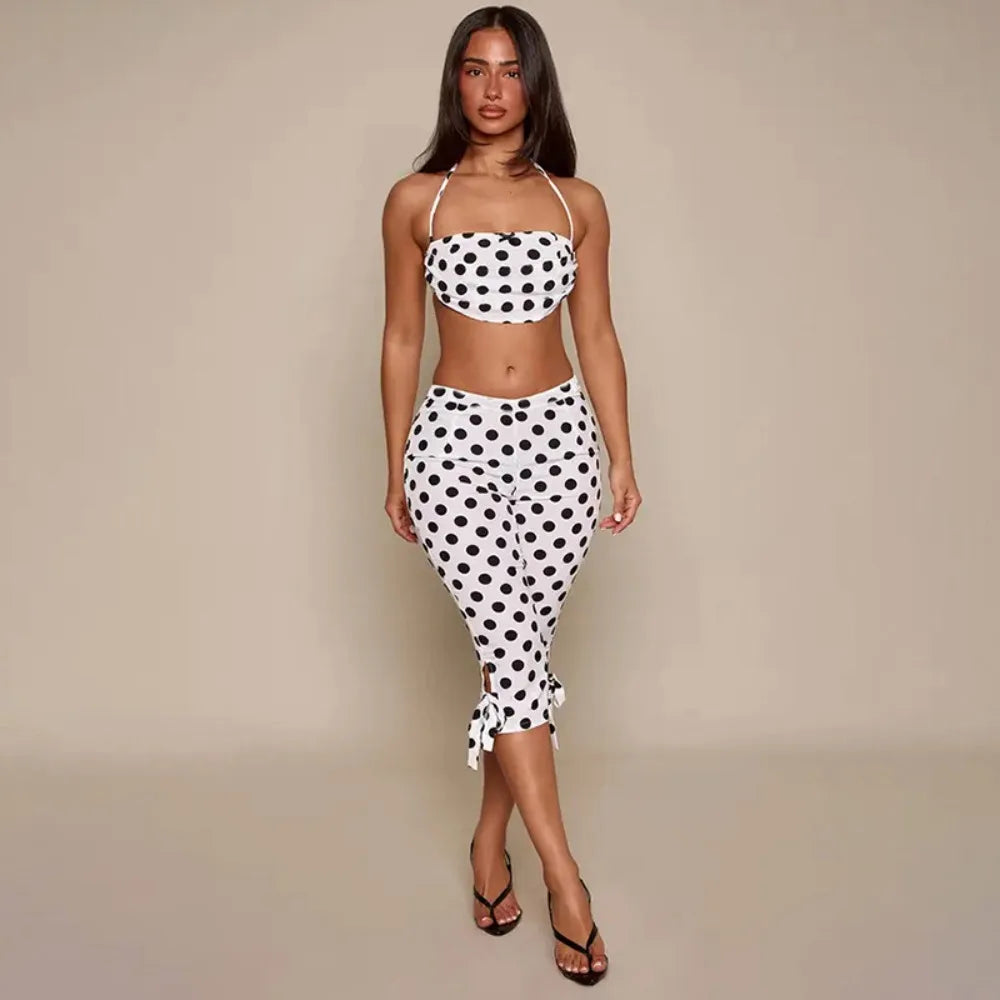 Polka Dot Two piece Halter Crop Set With Backless Top And Skinny Capri Pants