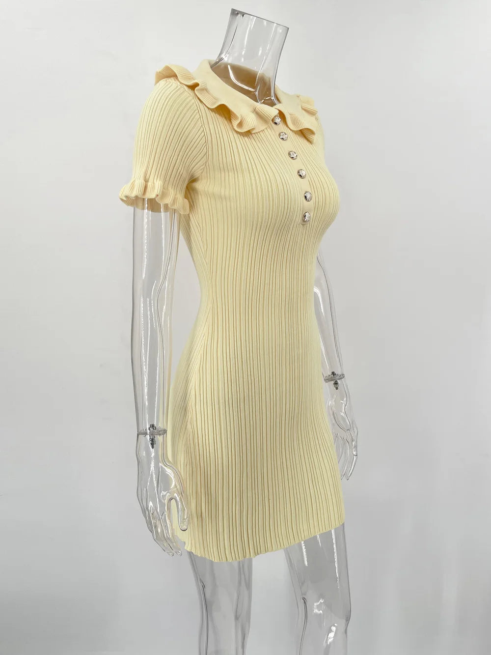 Ruffled High Waist Mini Dress Short Sleeve Knit Elegant Vintage