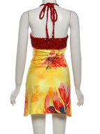Floral Patchwork Mini Dress With Halter Backless Design