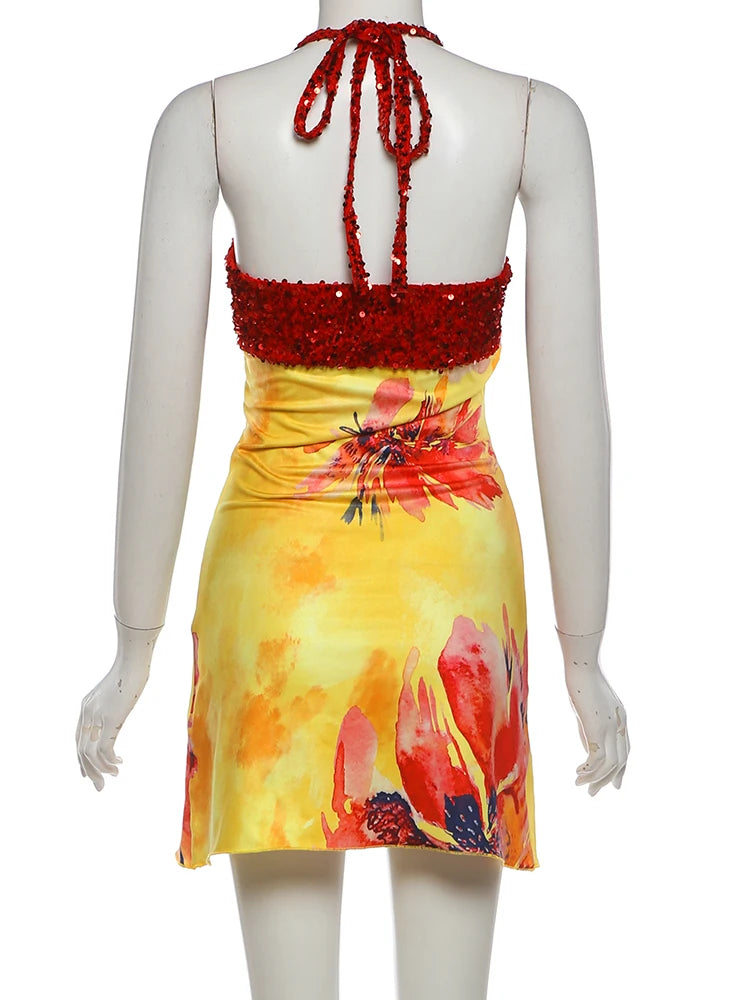 Floral Patchwork Mini Dress With Halter Backless Design