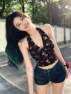 Retro Floral V Neck Halter Top