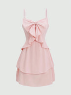 Chic Cinched-Waist Three-Layer Ruffle Bow Suspender Dress