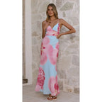 Sunlit Breeze Printed Strap Maxi Dress With V Neck Backless