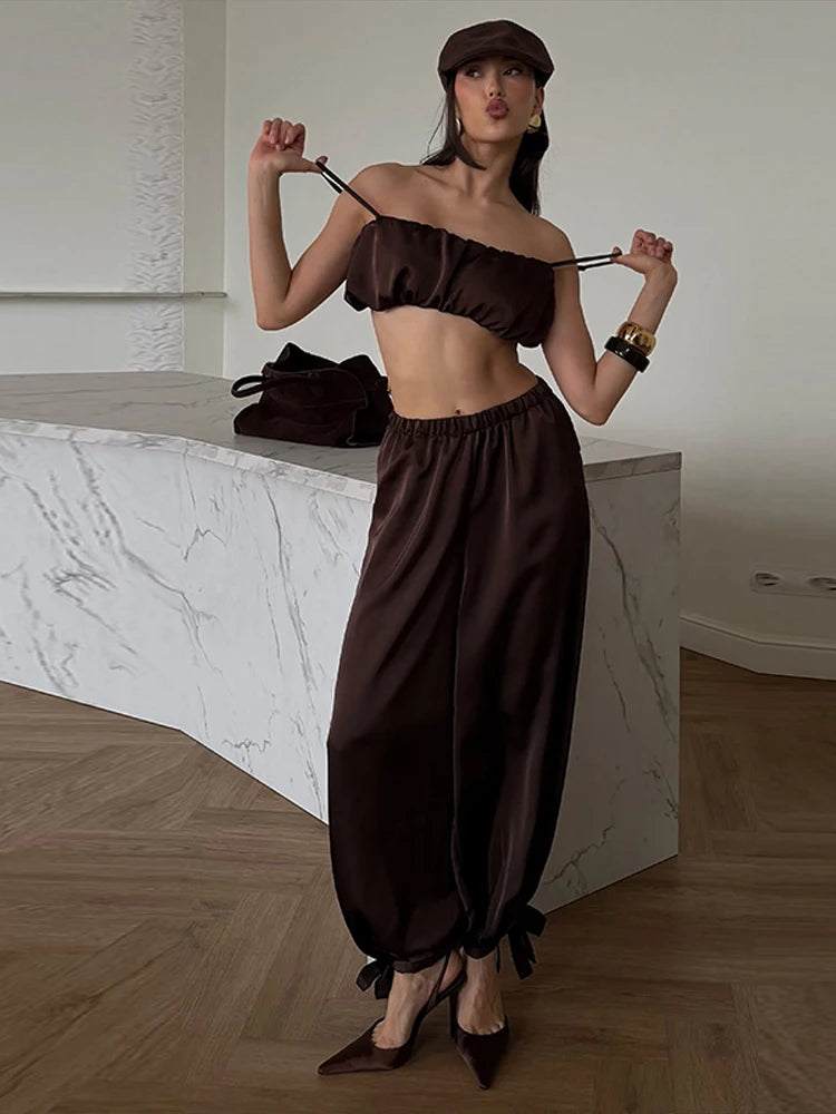 Women's Trousers 2 Pcs Suits Pleated Spaghetti Strap Cropped Tube Tops Elastic Waist Lace Up Pants