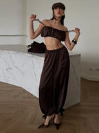 Women's Trousers 2 Pcs Suits Pleated Spaghetti Strap Cropped Tube Tops Elastic Waist Lace Up Pants