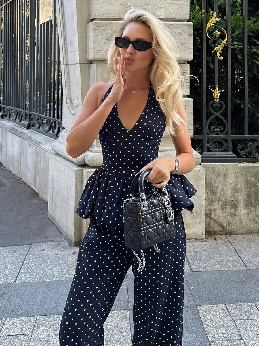 Dot Print Halter Top Set With Wide Leg Pants