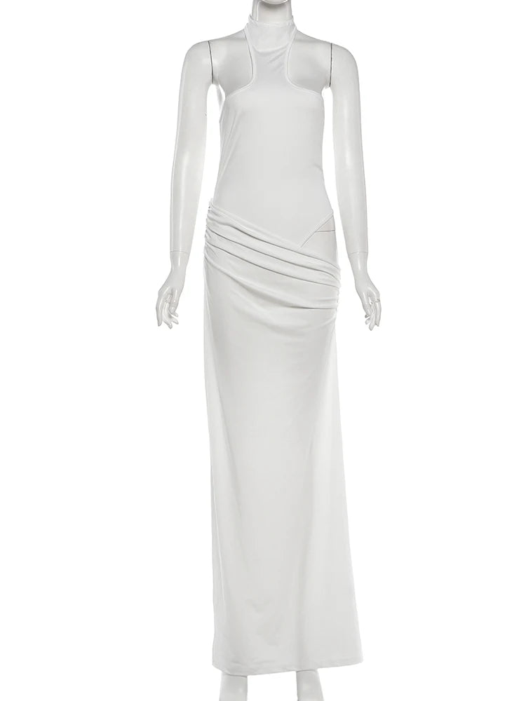 Hollow Backless Patchwork Elegant Evening Dress For Women Turtleneck Sleeveless Ankle Length Ruched Detailing