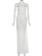 Hollow Backless Patchwork Elegant Evening Dress For Women Turtleneck Sleeveless Ankle Length Ruched Detailing