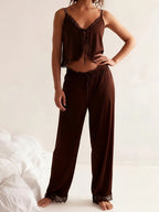 Satin Silk Pajamas Set Floral Lace Trim Tie Front Split Camisole Tops+ Straight Leg Pants 2Pcs Sleepwear