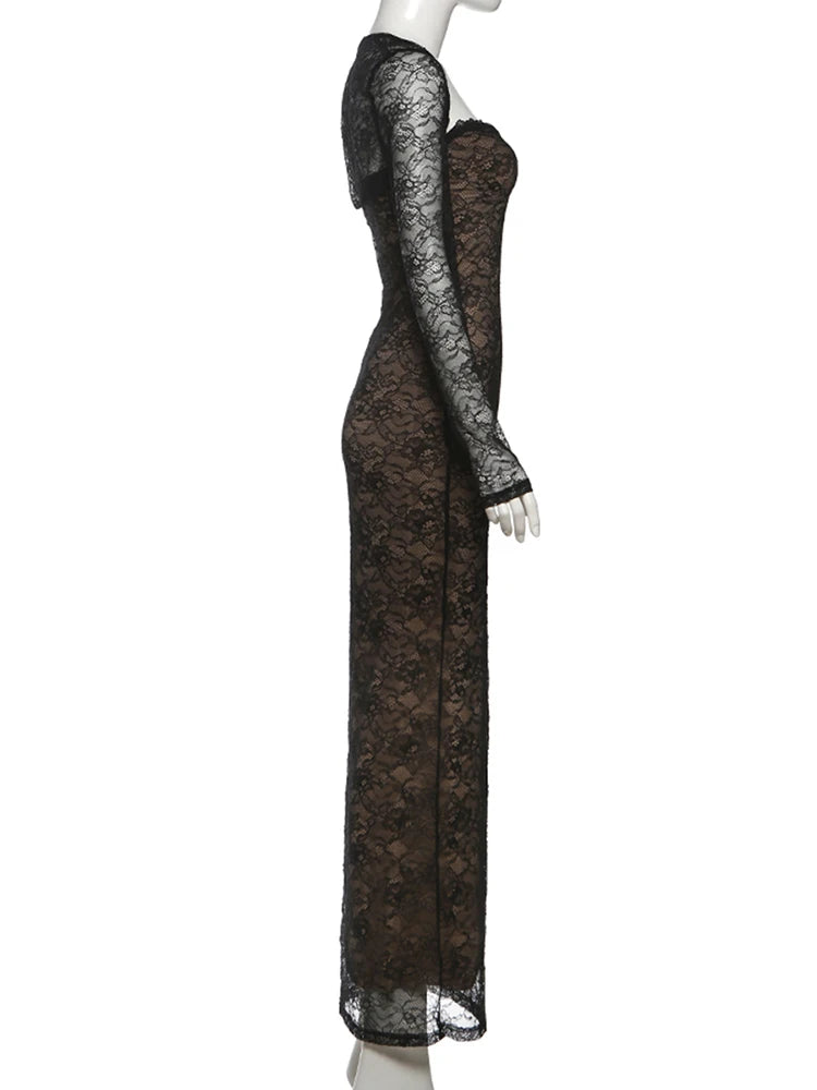 Coquettish Low Neck Maxi Dress With Lace Full Sleeve Midnight Jacquard
