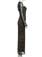 Coquettish Low Neck Maxi Dress With Lace Full Sleeve Midnight Jacquard