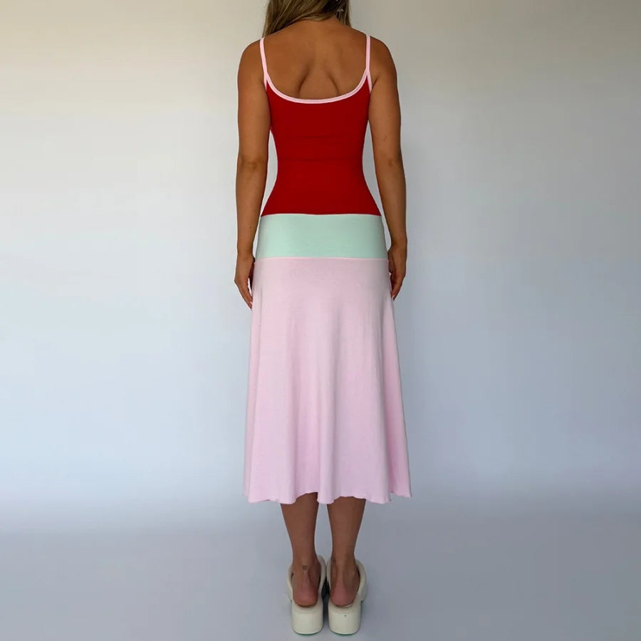 Colorful Spaghetti Strap Maxi Dress Slim Backless Sundress