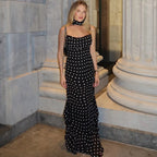 Elegant Polka Dot Halter Sleeveless Maxi Dress With Pleated Skirt And Ribbon Scarf