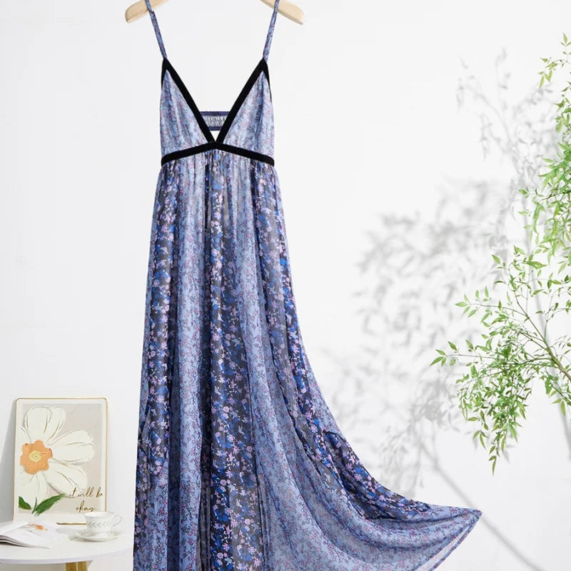 Women's Boho Chiffon Floral Print Long Strap Backless Maxi Dress