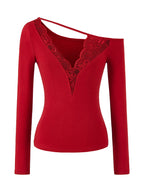 Lace Splice Long Sleeve Vneck Top For Night Out Chic