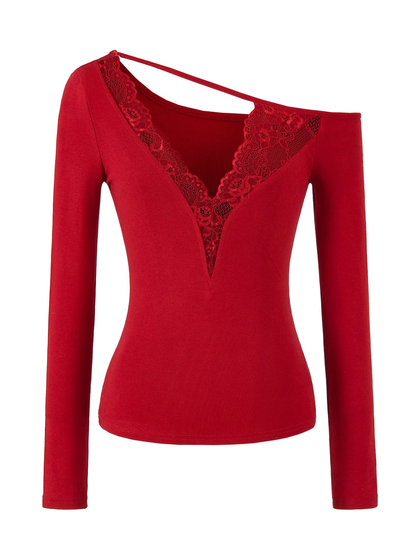 Lace Splice Long Sleeve Vneck Top For Night Out Chic