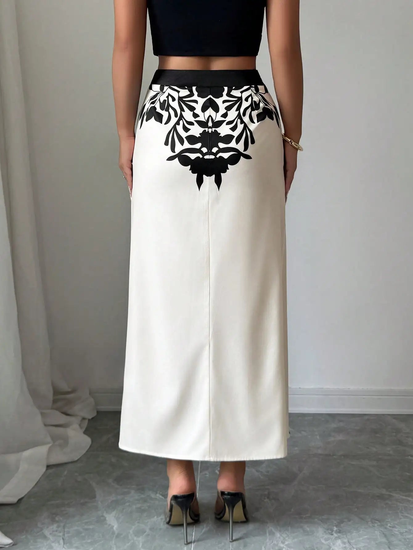 Black Floral Midi Skirt With Ruched And High Slit