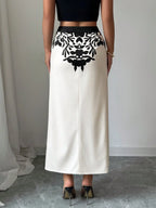 Black Floral Midi Skirt With Ruched And High Slit