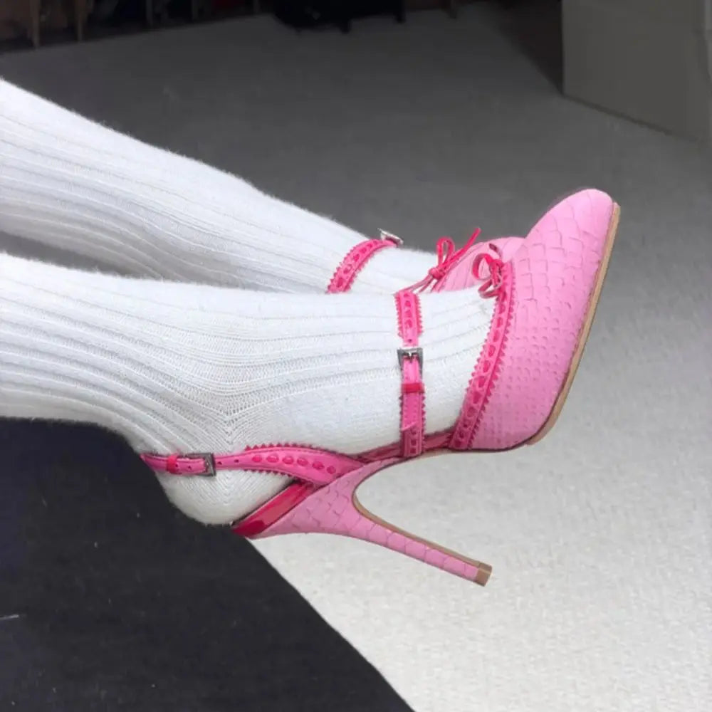 Vivid Pink Pointed Toe Pumps With Bow Strap Croc Embossed Detail