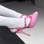 Vivid Pink Pointed Toe Pumps With Bow Strap Croc Embossed Detail