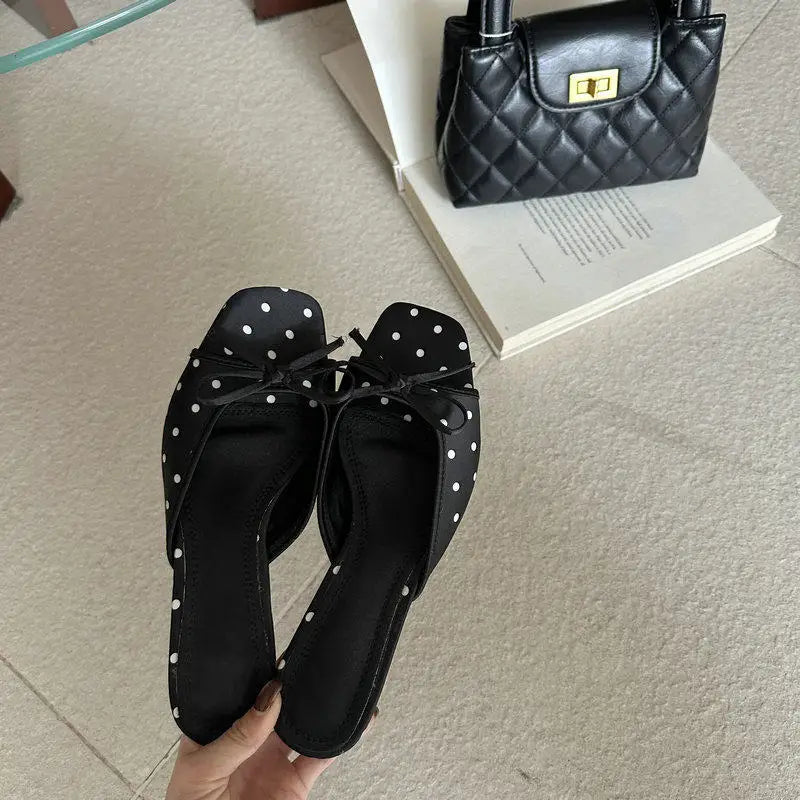 Elegant Polka Dot Satin Slippers With Square Toe And Butterfly Knot